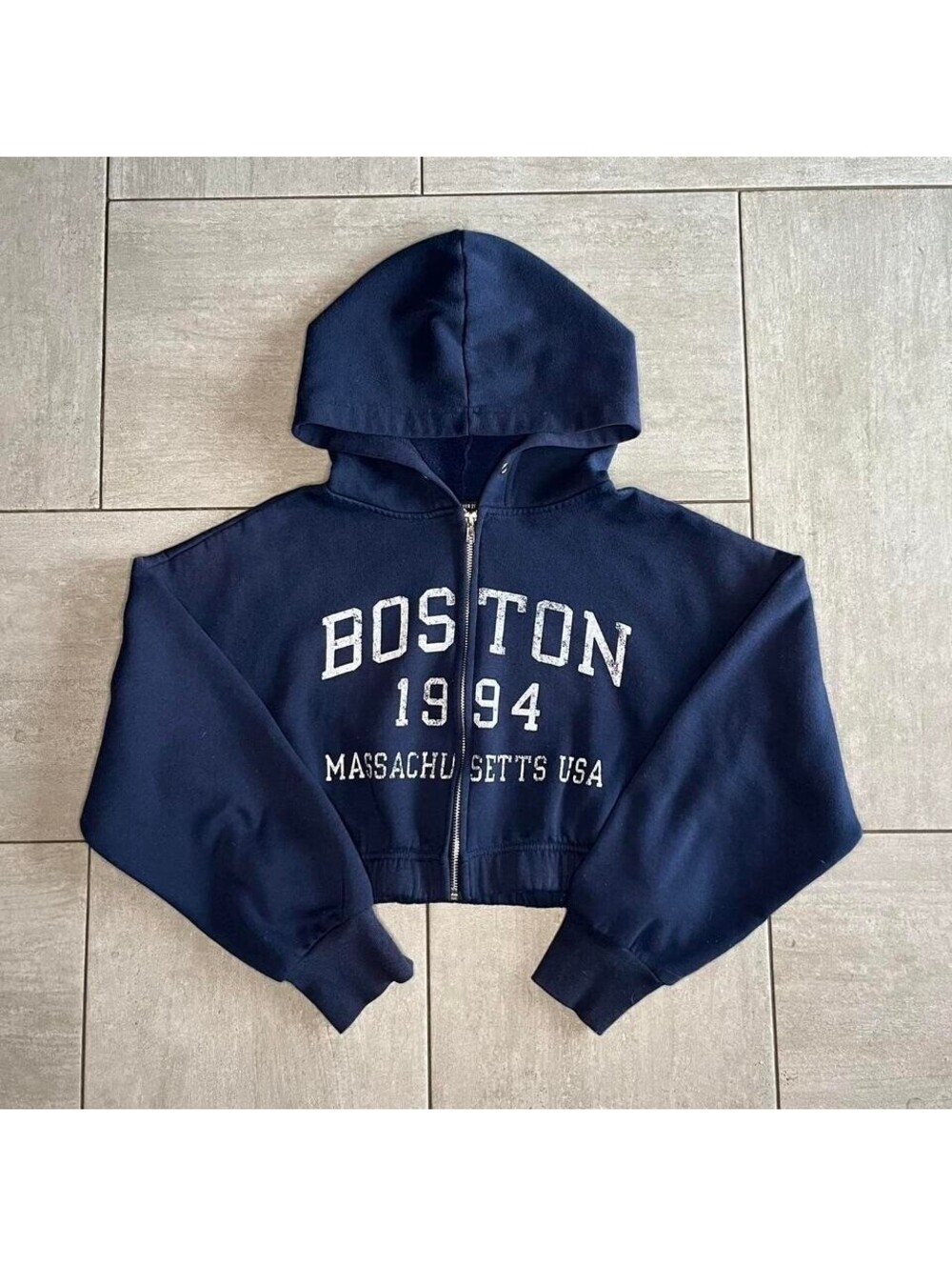 Navy blue cropped Boston 1994 zip-up hoodie